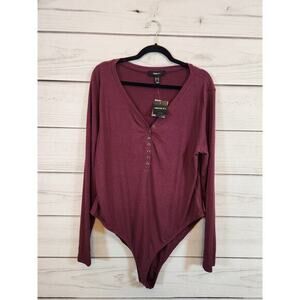 Forever 21 Women's Red Stretch Ribbed V-Neck Long Sleeve Bodysuit Size 3X‎ NWT